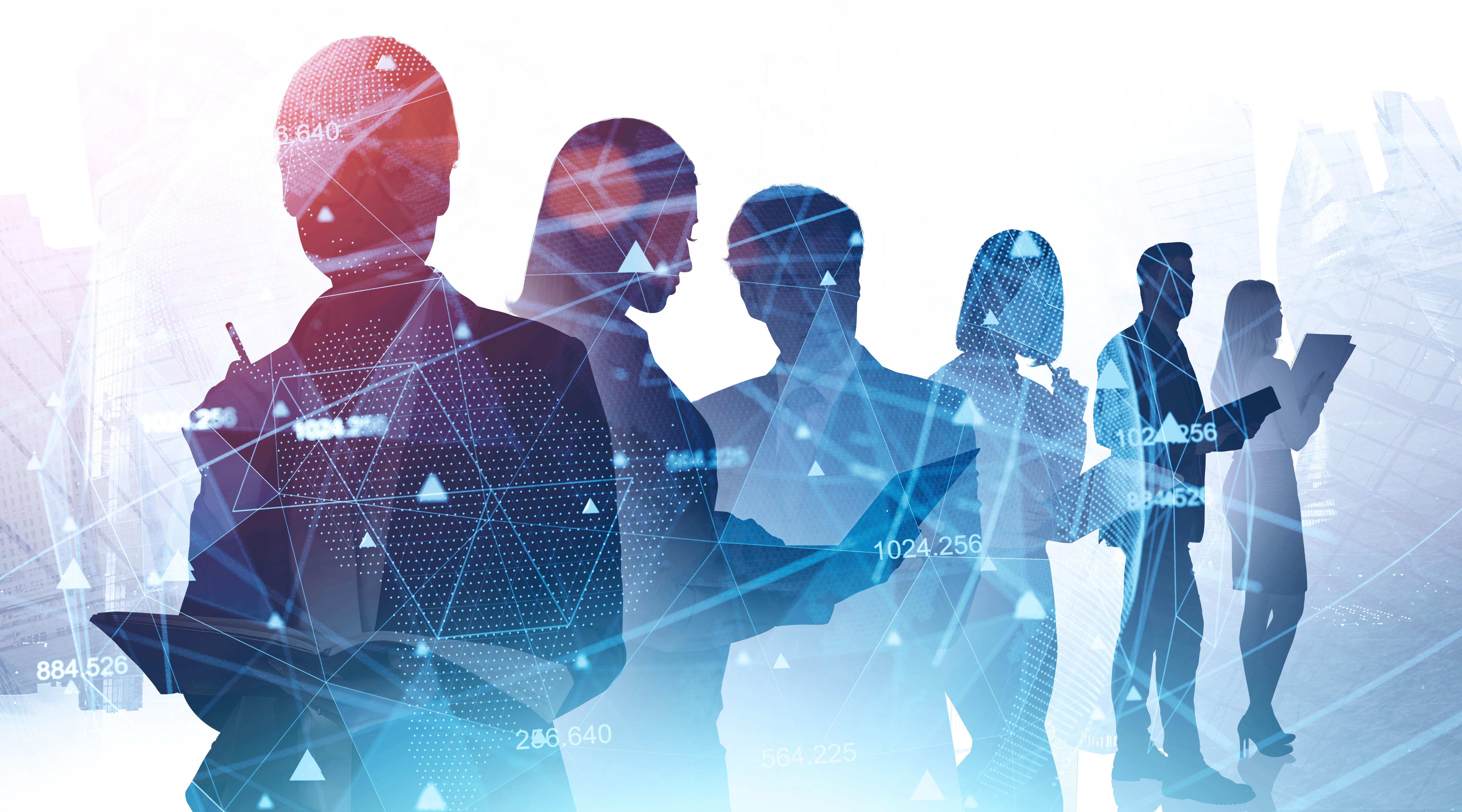 Network and internet communication concept. Silhouettes of business people in abstract city with double exposure of blurry network interface. Toned image